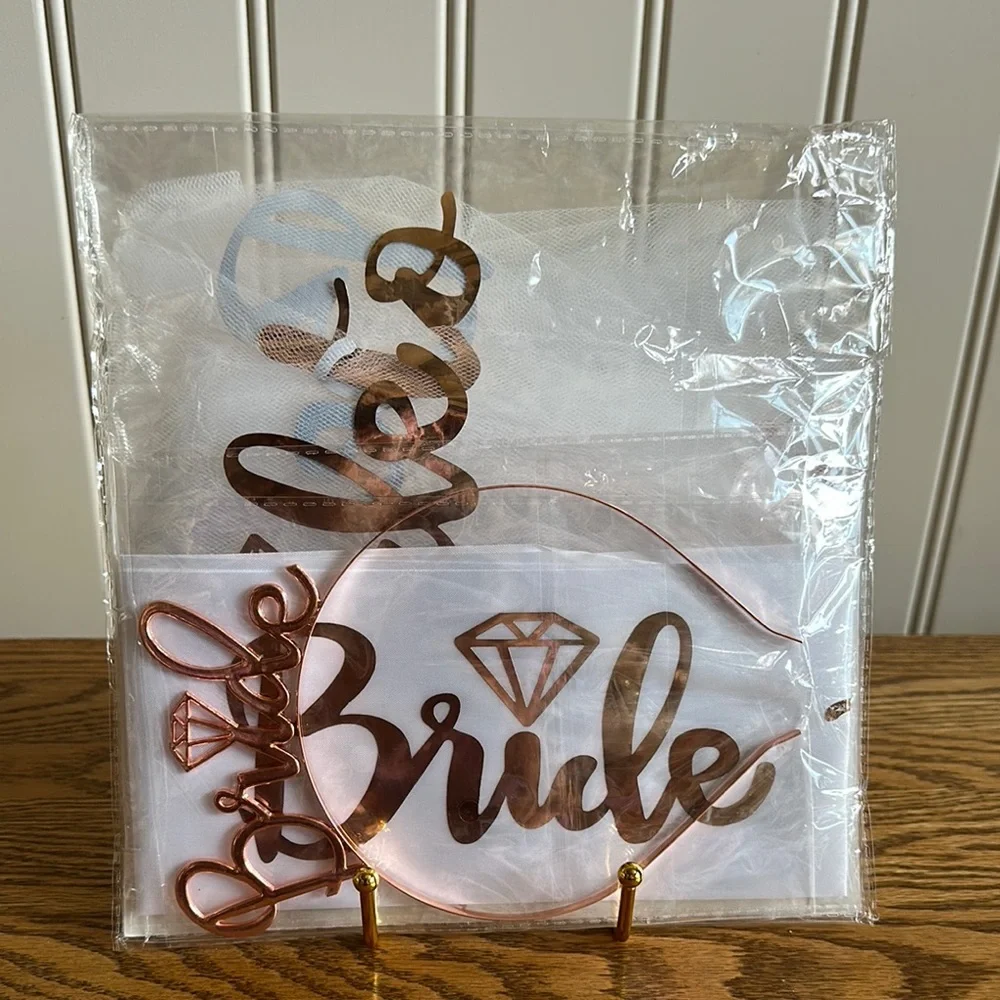 Elegant Rose Gold Bride Headband, Sash, and Veil